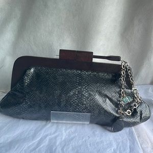 Vintage wood jewel handle  clutch custom closure black onyx stone